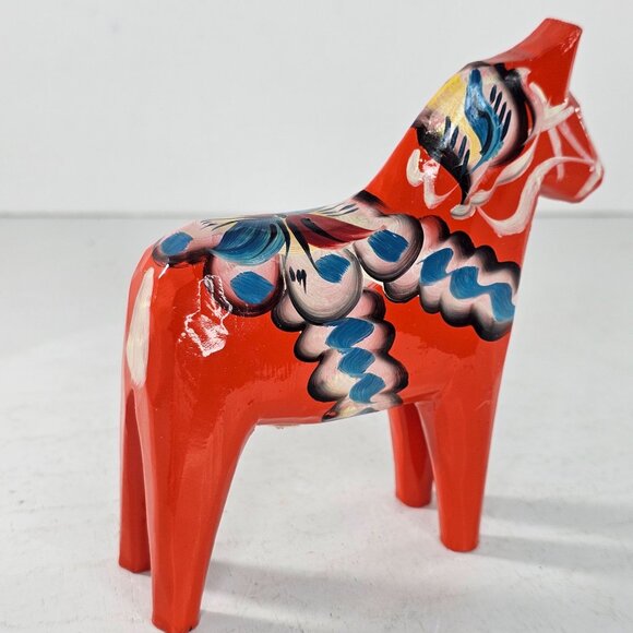 Swedish Dala Horse Figurine 5" Hand-Painted Nils Olsson Red Blue Folk Art Decor - Picture 7 of 9